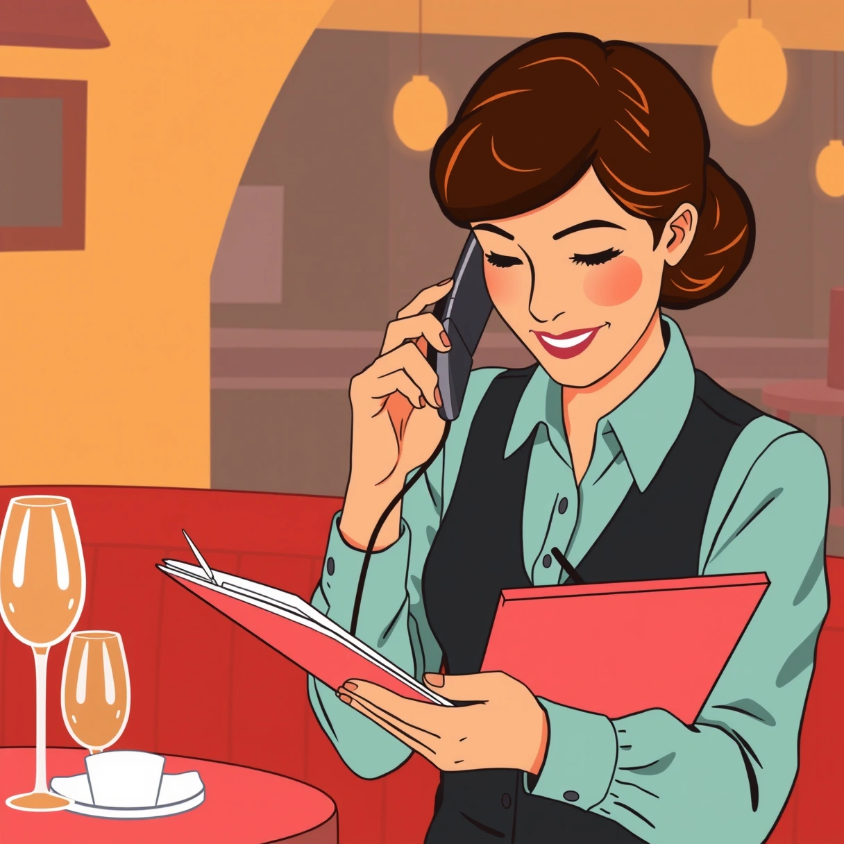 Restaurant staff member taking notes during a phone call about event bookings.