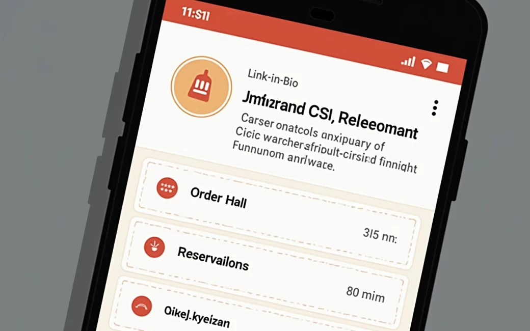 Phone screen showing a restaurant link-in-bio page with organized button options for different guest actions.